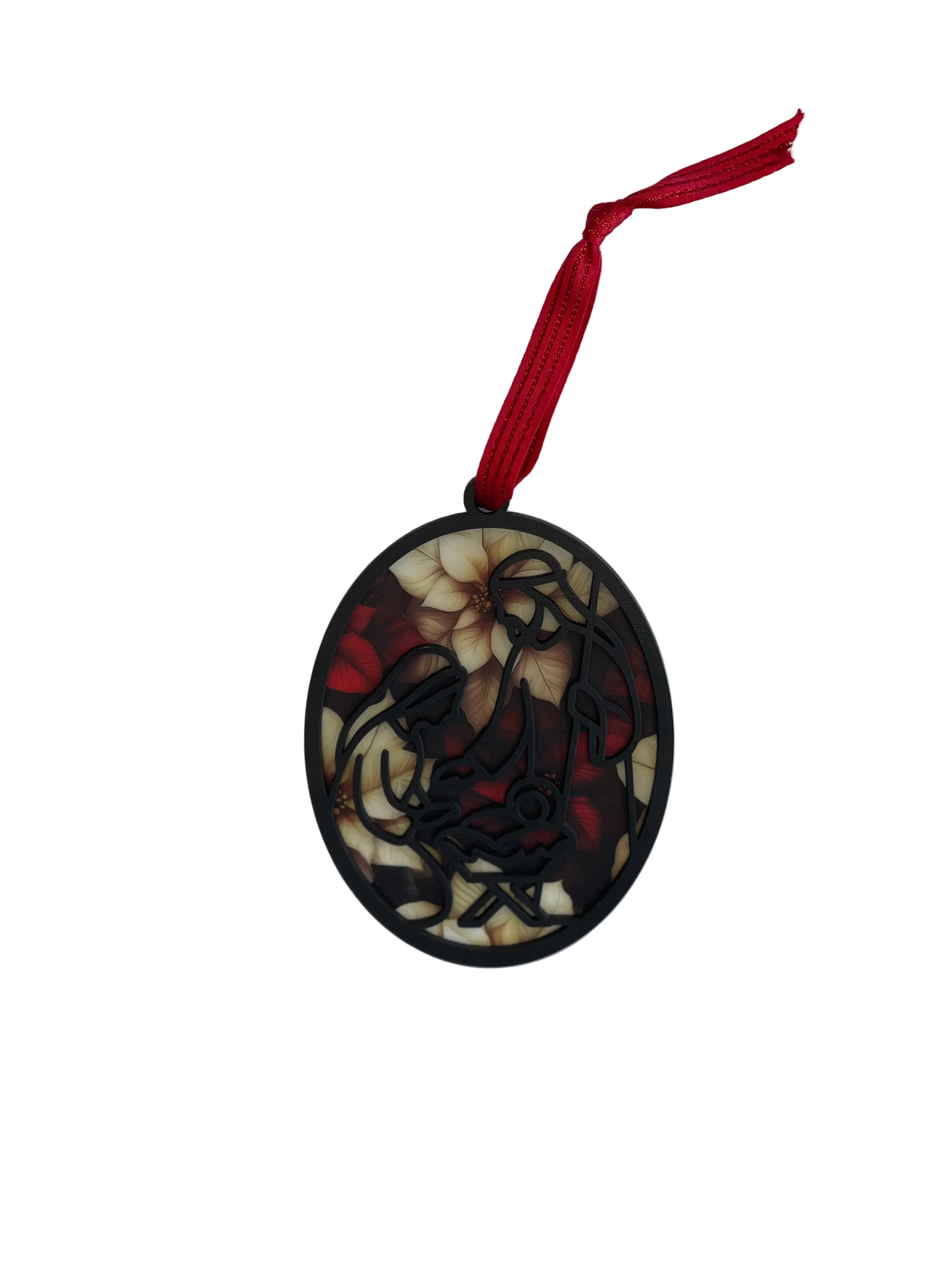 Nativity Ornament  - Black Over transparent poinsettias