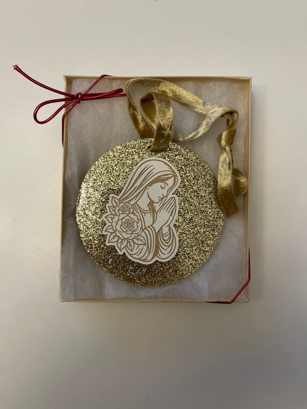 Praying Mary Gold Glitter Ornament