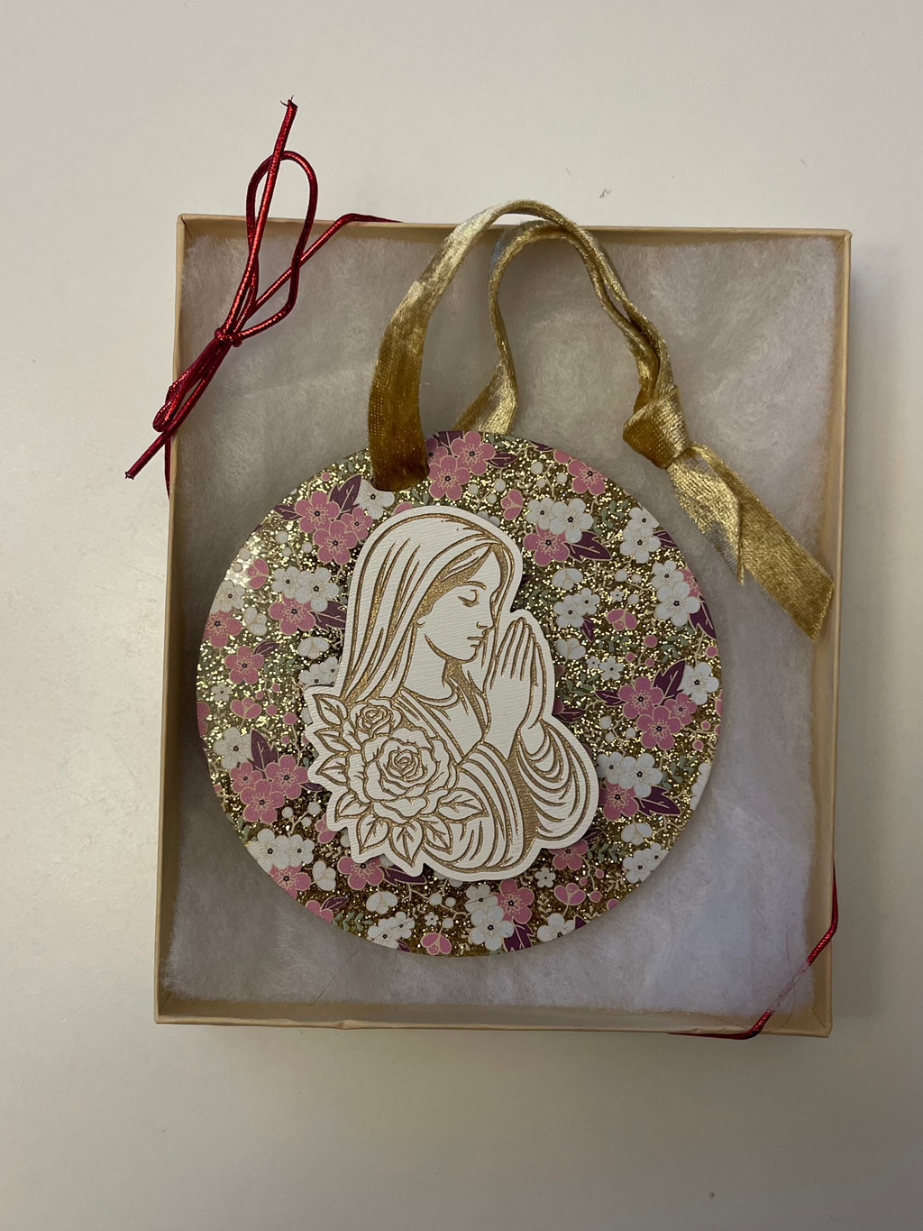Praying Mary Floral Gold Glitter Ornament